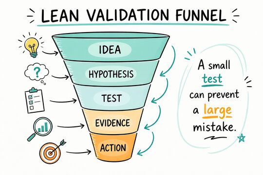 A diagram illustrates the Lean Validation Funnel process, moving from Idea to Action.