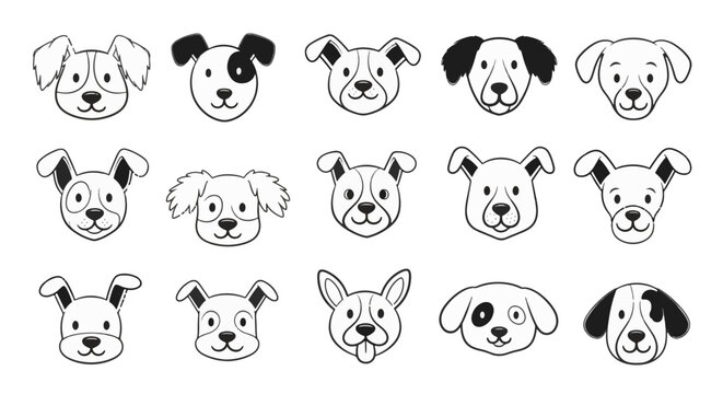 Collection of fifteen minimalist dog face doodles in black line art, showcasing diverse canine breeds with various ear shapes and facial patterns on a plain white background.