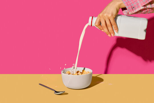 Milk poured into cereal bowl on bright colorful studio background. Concept of breakfast, dairy products, healthy morning routine, family food, and cereal advertising.
