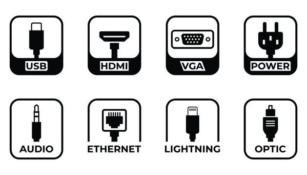 Computer port and cable icons including usb hdmi vga power audio ethernet and lightning vector set.