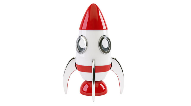 Red and white toy rocket with silver accents, isolated on transparent background