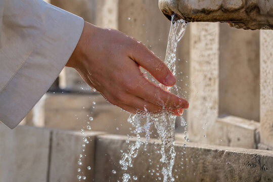 Hand under flowing water during islamic ablution ritual wudhu