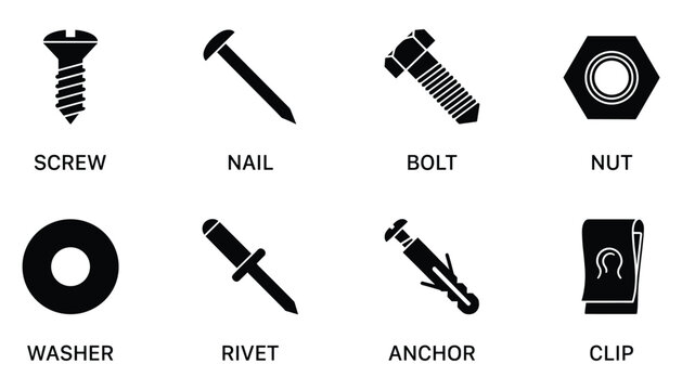 Hardware fasteners set containing screw nail bolt nut washer and anchor vector illustration graphic.