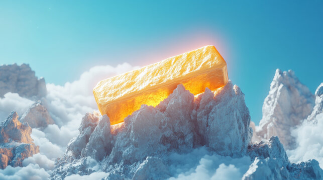 Glowing gold bars on a snowy mountain peak
