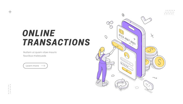 Isometric vector illustration of online transactions. Secure payment method for e-commerce and digital banking. Financial technology for money transfer and electronic purchase concept for web