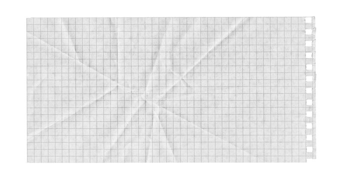 Crumpled notebook paper texture with faint grid ruling, central intersecting creases, torn spiral edge, rounded strip shape, soft wrinkles and pale grayscale scan on transparent background