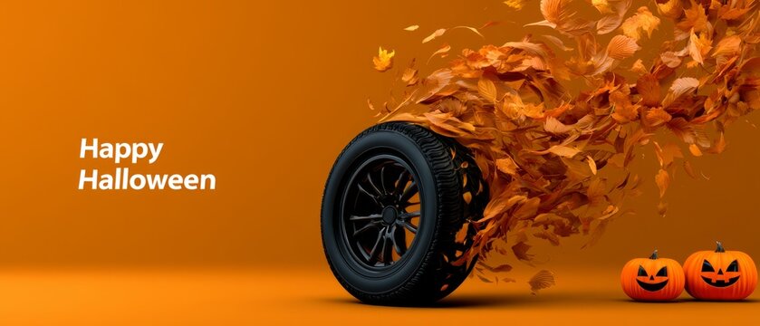 Halloween Car Tire Surrounded by Swirling Autumn Leaves