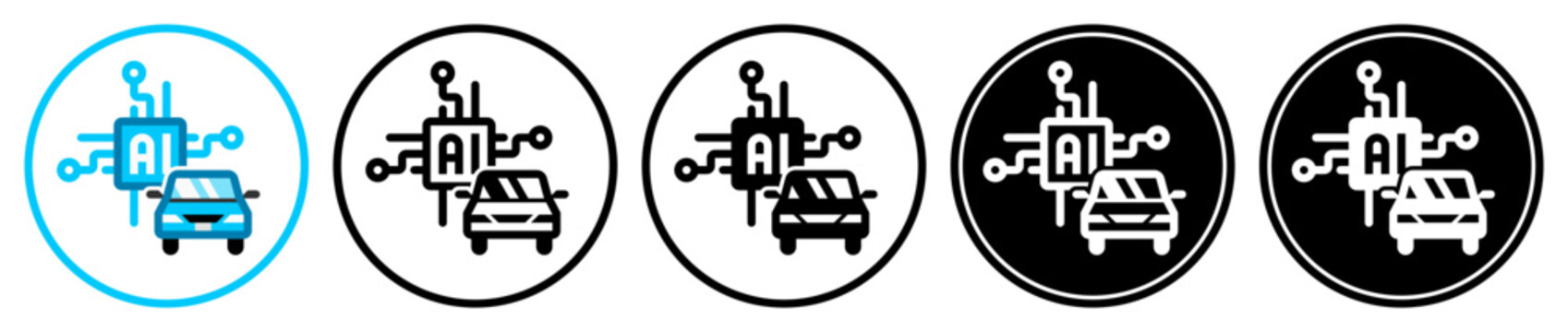 Flat autonomous car icons in outlined, solid, and inverted styles
