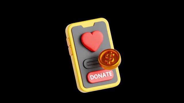 Floating smartphone with heart icon and golden dollar coin charity donation
