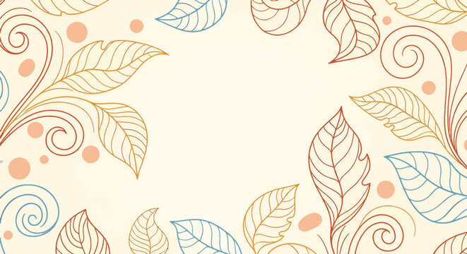 Elegant nature border featuring stylized whimsical leaf outlines, curvy vine swirls, and circular dots on a cream background. Horizontal vector illustration for card design and backdrop.