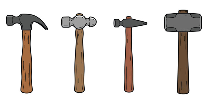 Set of various hammer types vector illustration, including claw, ball-peen, cross peen, and sledge.