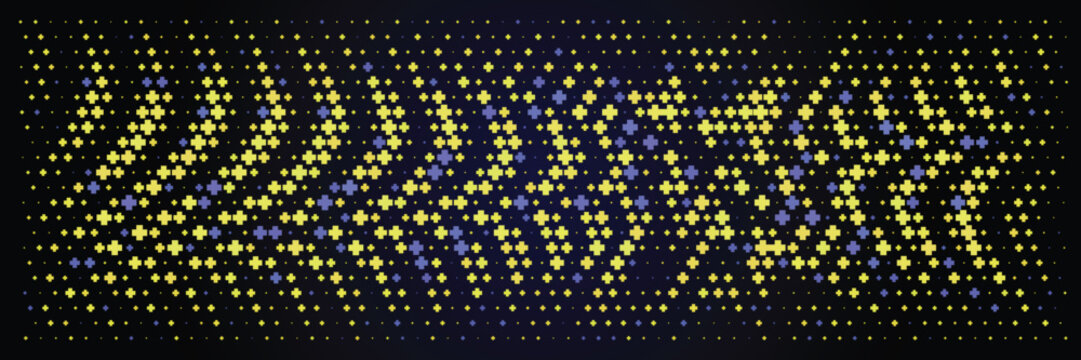 Abstract pixelated pattern with yellow and blue plus signs on dark background