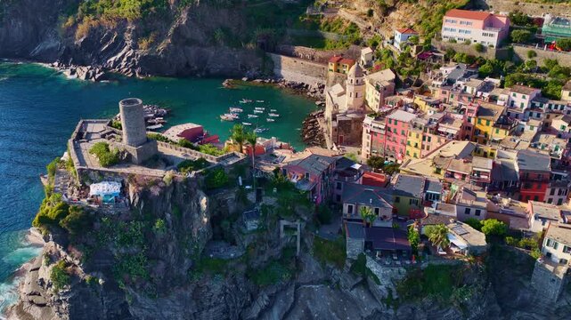 Cinque Terre aerial view, Vernazza resort town in Italian Riviera, travel in Liguria, Ligurian coast of Italy in summer, drone shot of Vernazza, colourful coastal village in Italy
