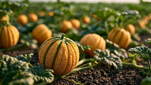 Field of ripe, golden-skinned melons under bright sunlight on dark soil.