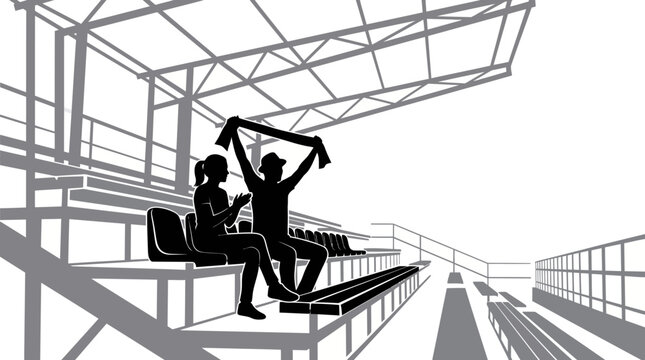 Grey, monochrome stadium fans cheering, sports crowd vector illustration, empty seats