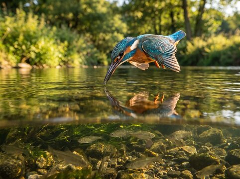 Nature in Action: A Perfect Split-Level View of a Common Kingfisher Breaking the Surface with Its Prey