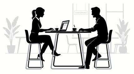 Fototapeta premium Business people working on laptops, office silhouettes, black and white illustration, modern workspace