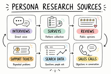 Naklejka premium A diagram illustrates various persona research sources including interviews, surveys, reviews, support tickets, search data, and sales calls.