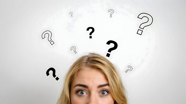 Perplexed woman with question marks floating above her head looking puzzled with expression perplexity confusion uncertain thinking problem inquiry blonde symbol doubt query face sign