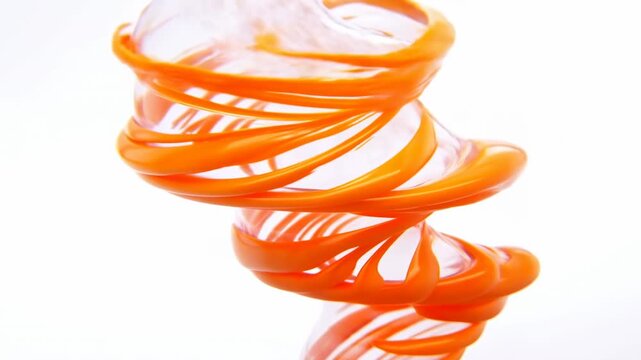 Translucent white column wrapped with glossy orange spiral bands tightening into lower coils and opening into broad upper curves on bright white background with sculptural modern look