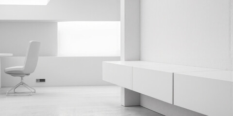 Fototapeta premium Minimalist White Concrete Bench A simple, clean architectural feature showing a smooth white concrete bench seamlessly integrated into the wall