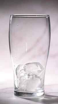 Close-up vertical video of clear ice cubes being dropped one by one into an empty tall transparent drinking glass. The glass stands on a light marble surface against a soft neutral background. Ice spl