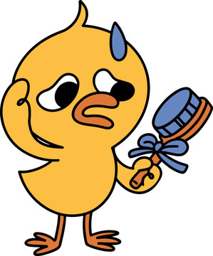 duck with hairbrush hand drawn sticker, cute confused duck mascot