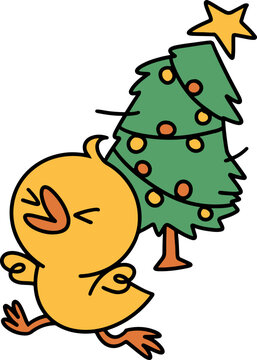 cute duck running around christmas tree hand drawn illustration, funny christmas sticker