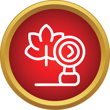 Red circular icon showing a magnifying glass examining a maple leaf, symbolizing botanical research