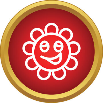Smiling sun with a flower shape on a red circular background