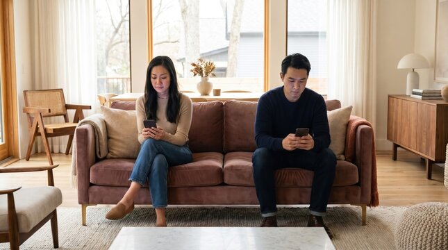 Young Asian couple sitting on sofa using smartphones ignoring each other for relationship problem concept.