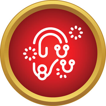 Red circular button icon featuring a white outline of abstract shapes suggesting headphones and fireworks