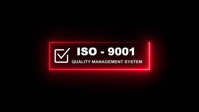 Minimal ISO 9001 Quality Management System certification banner featuring a white checkmark inside a square icon with bold ISO 9001 text. 4k video