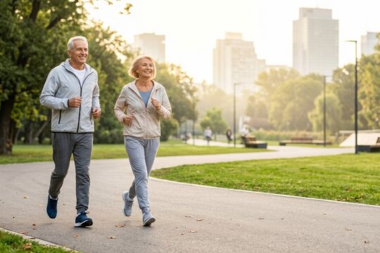 Active Senior Couple Jogging in a City Park at Sunrise