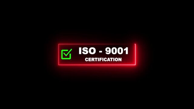 ISO 9001 certification glowing neon badge with check mark icon on dark background, symbolizing quality management system , international standards, and professional certification.