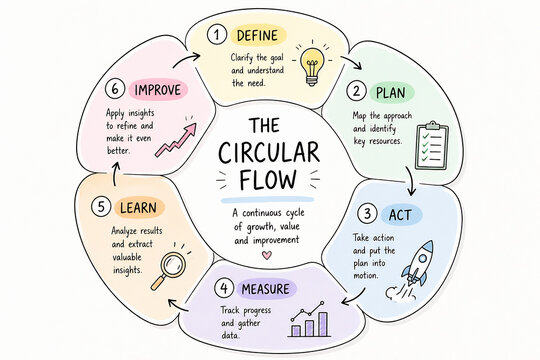 A diagram illustrating the Plan-Do-Check-Act (PDCA) cycle, or a similar continuous improvement loop.