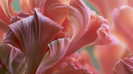 Obraz premium Close-up of a group of pink tulips. the petals of the tulips are arranged in a way that they are overlapping each other, creating a sense of depth and texture.