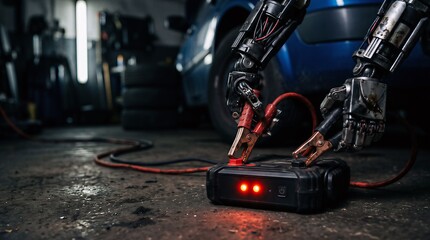 Fototapeta premium Robotic cybernetic hand connecting jumper cables to portable battery charger in high tech automotive repair garage setting concept of future automation with automotive