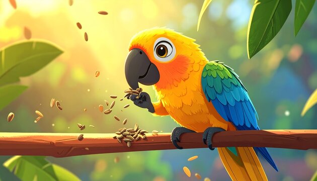 Vibrant parrot eating seeds on branch.