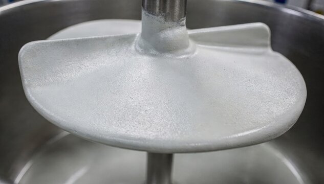 Closeup of a ceramiccoated agitator blade showing smooth surface and enhanced durability against chemical wear and hightemperature erosion in industrial mixing processes.