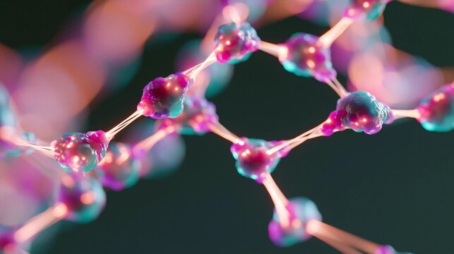 Close-up of a molecular model of a molecule. the molecule is made up of interconnected lines and spheres, with each sphere having a different color - pink, blue, and purple.