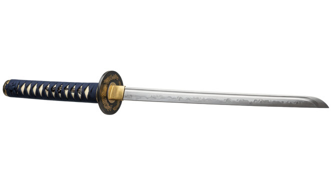 Close-up of a traditional japanese katana sword with indigo silk hilt and brass tsuba on a white background. Concept of meticulous craftsmanship and history