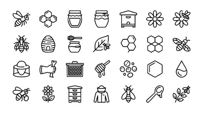 Beekeeping and Organic Honey Production Line Icon Set Featuring Honeybees Hives Honeycombs Dipper Jars Beekeeper Suits and Apiary Farm Vector Graphic Elements © Hosneara