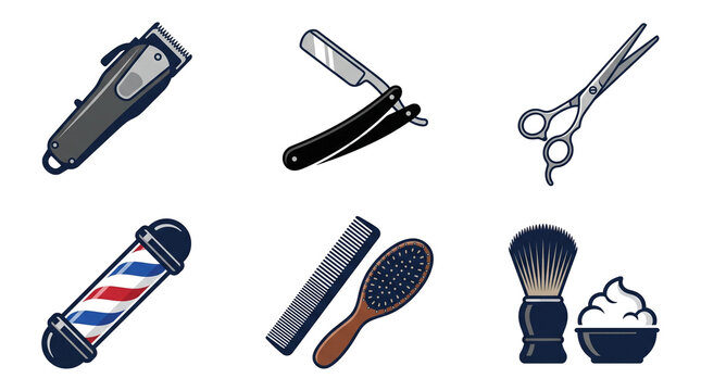 Professional collection of vintage barber shop tools including clippers straight razor scissors pole comb brush and shaving cream brush set displayed in a clean graphic style on transparent background