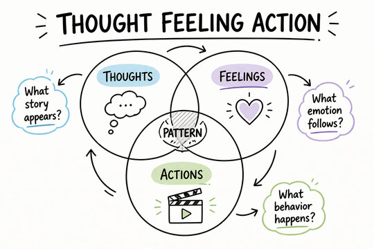 A diagram illustrates the interconnected cycle of Thought, Feeling, and Action, highlighting a recurring pattern.