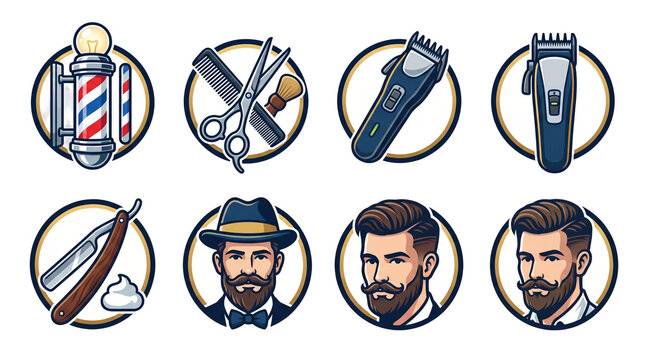 Collection of professional barber shop icons featuring hair grooming tools and stylish bearded men for branding projects and creative design elements displayed as a vibrant set on transparent backgrou