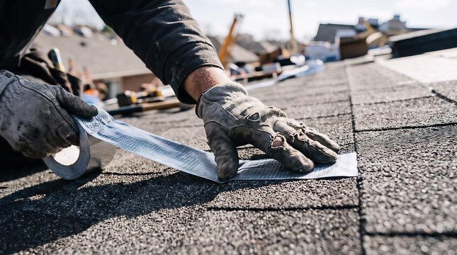Construction worker hands applying adhesive sealing tape to repair asphalt roof shingles with shingles construction flashing waterproofing maintenance contractor
