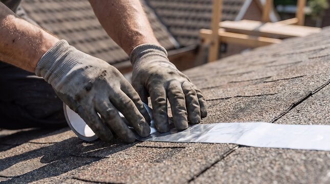 Worker hands in dirty protective gloves applying waterproof flashing tape on shingle roof with shingles construction flashing waterproofing maintenance contractor