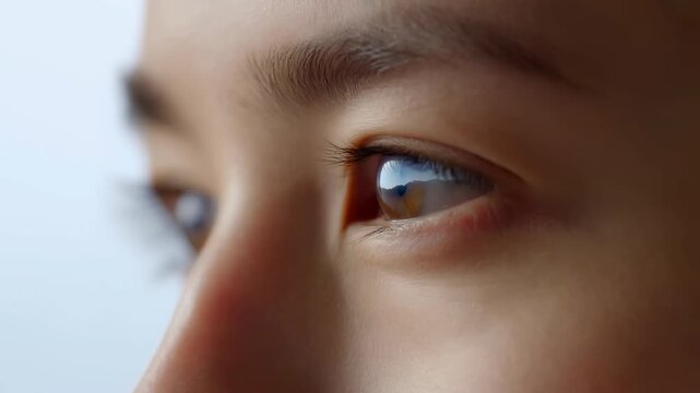 Extreme closeup of human eye slowly opening with focused attentive gaze, soft skin detail, calm curiosity, gentle reflection and natural indoor light across face