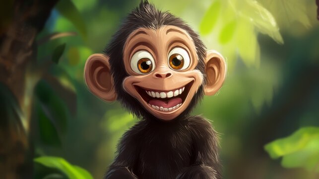 Happy cartoon chimpanzee in jungle background. Possible use Children's book illustration